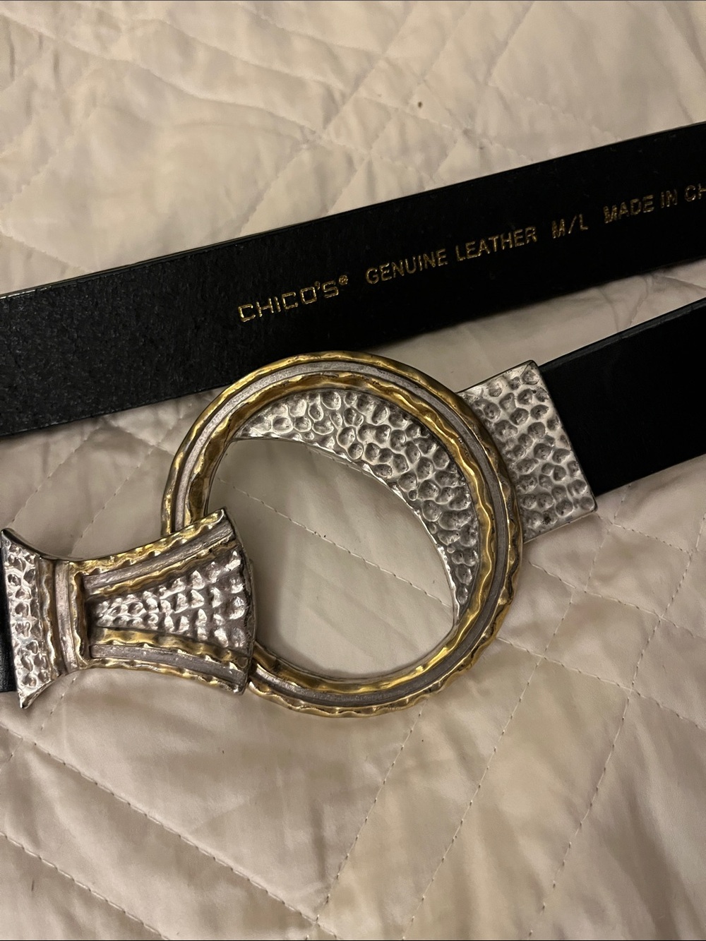 Chico's Black Leather Belt with Hammered Silver & Gold-Tone Round Buckle